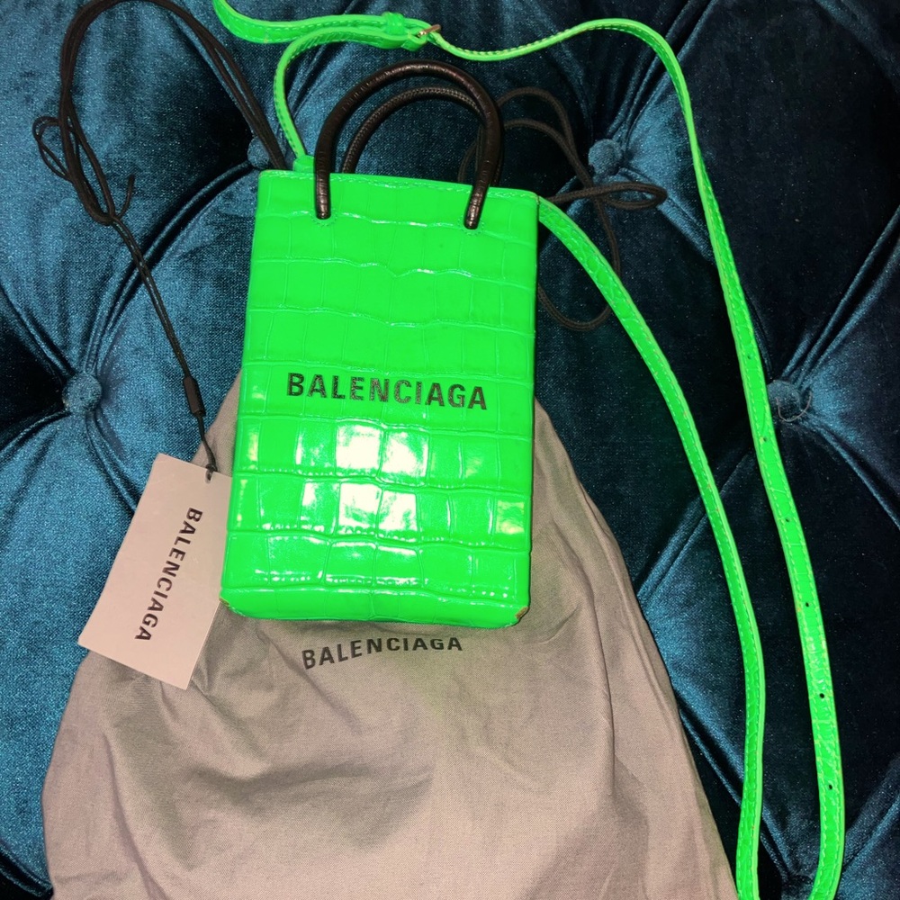 Balenciaga green croc shopping phone holder bag.